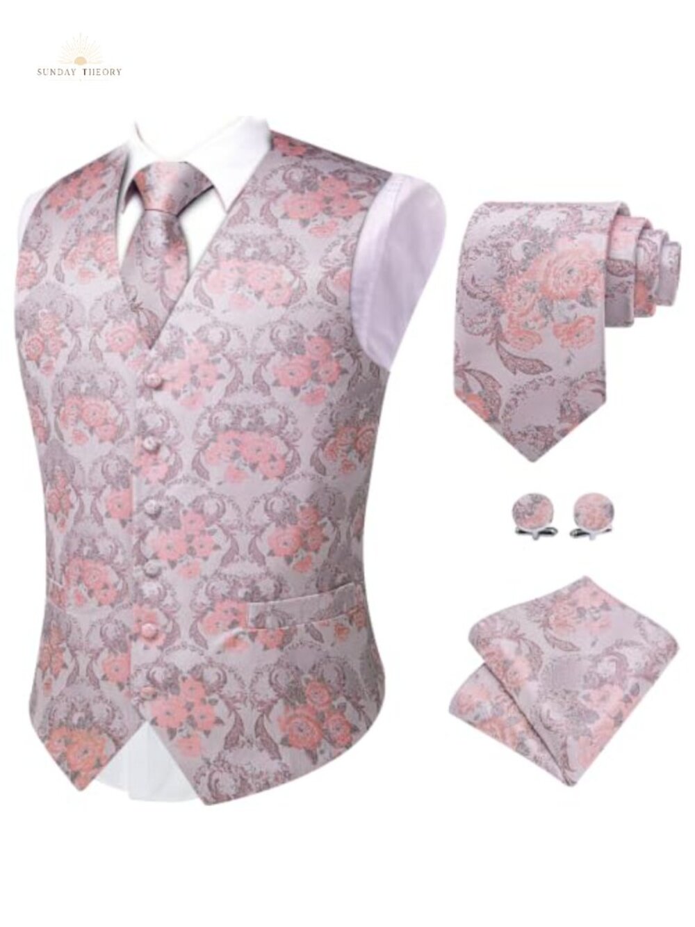 Mens Silk Paisley Vest 4PC Set Necktie Pocket Square Cufflinks Formal Waistcoat